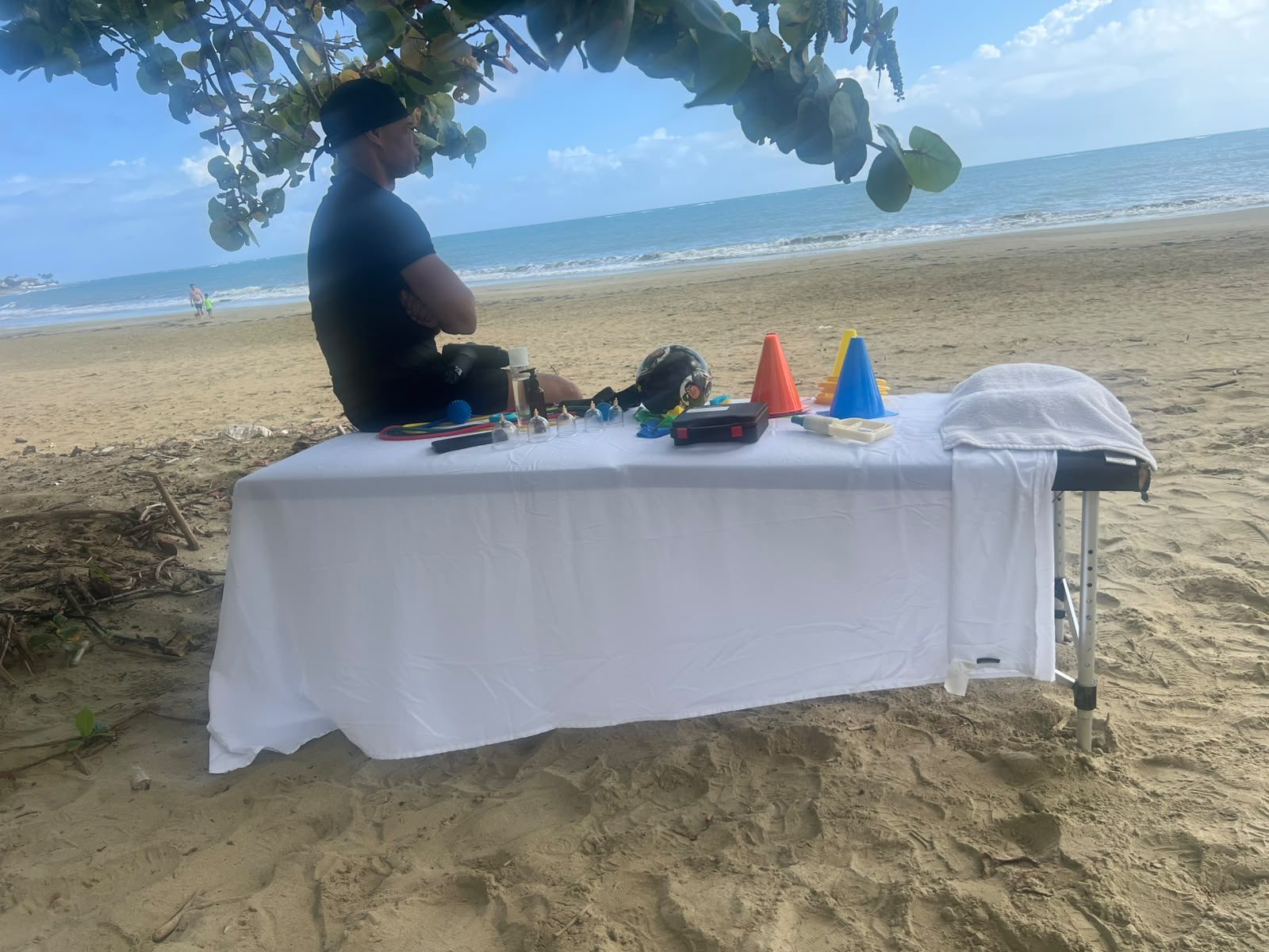 Physical therapy table and recovery tools on Cabarete beach